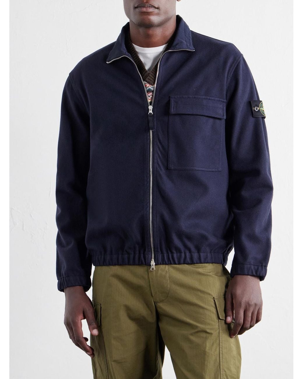 Stone Island Blue Garment-Dyed Wool Nylon Flannel-Tc Overshirt for men