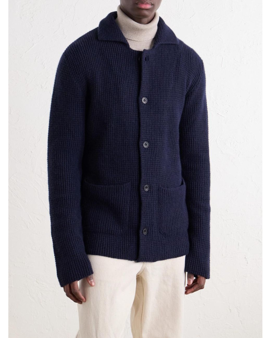Rubinacci Blue Waffle-Knit Cashmere Cardigan for men
