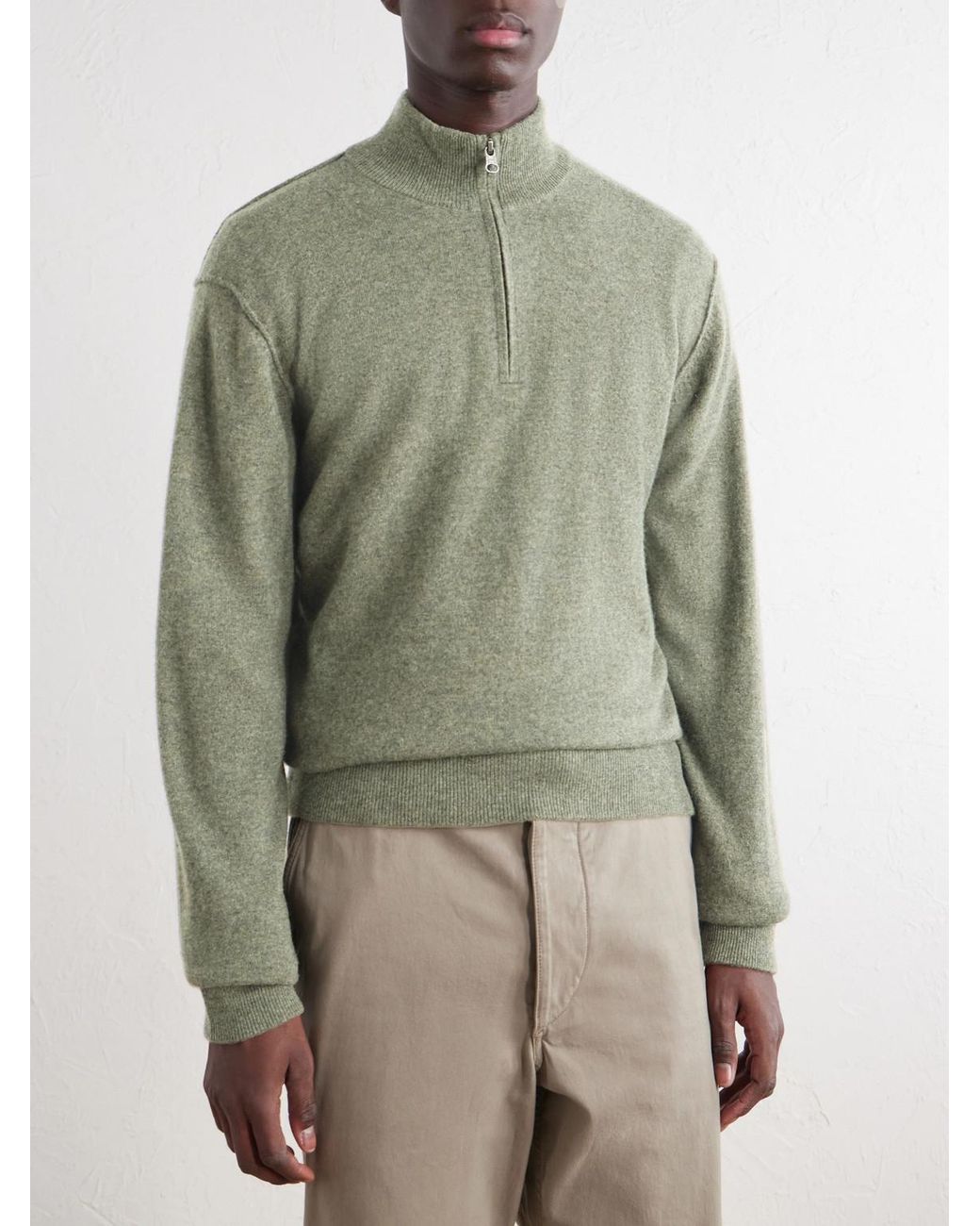 Ghiaia Green Cashmere Half-Zip Sweater for men