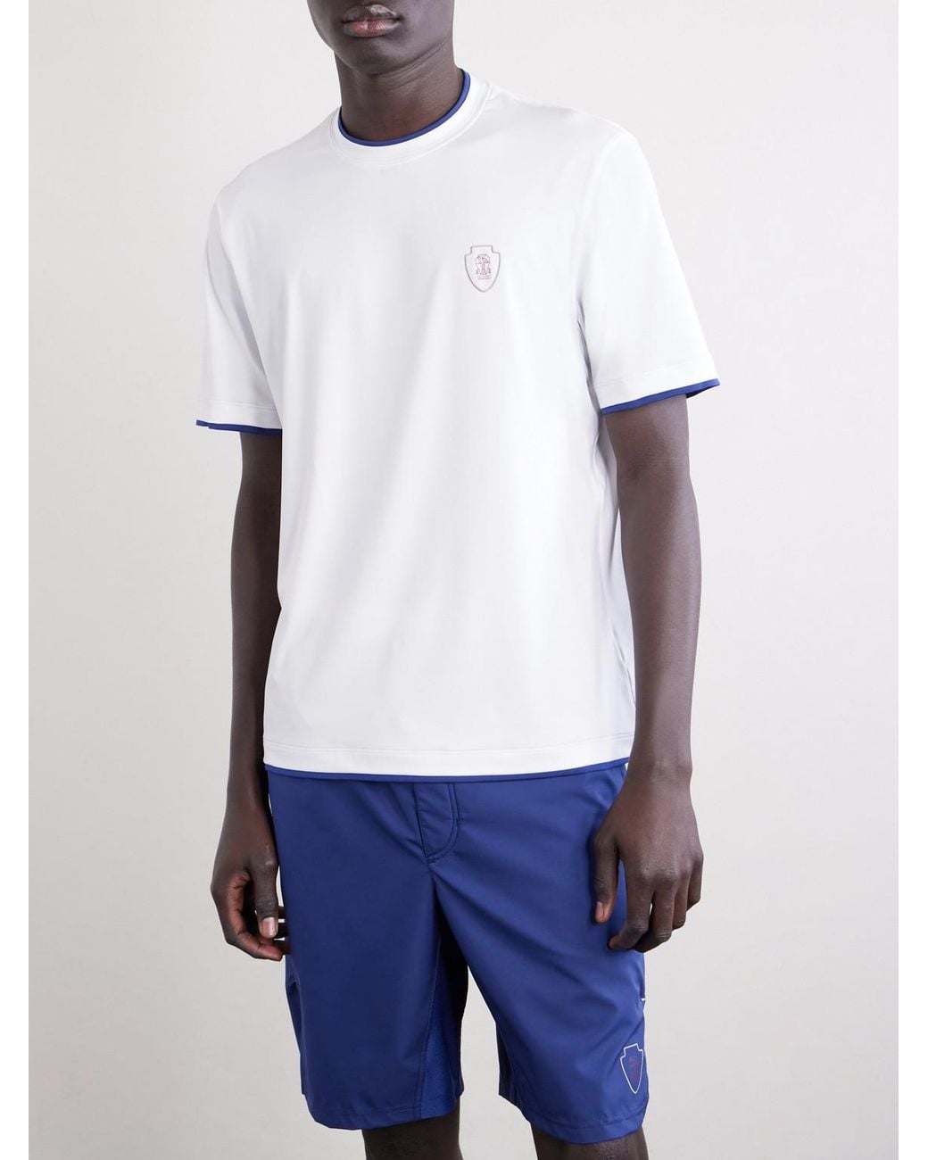 Brunello Cucinelli White Logo-Appliquéd Tech-Jersey Tennis Shirt for men