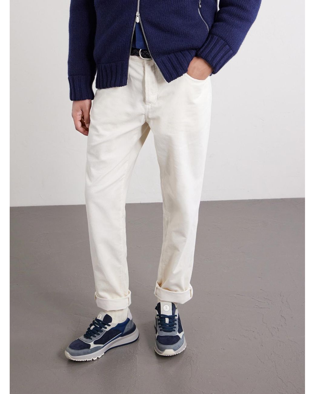 Brunello Cucinelli Blue Leather And Suede Sneakers for men