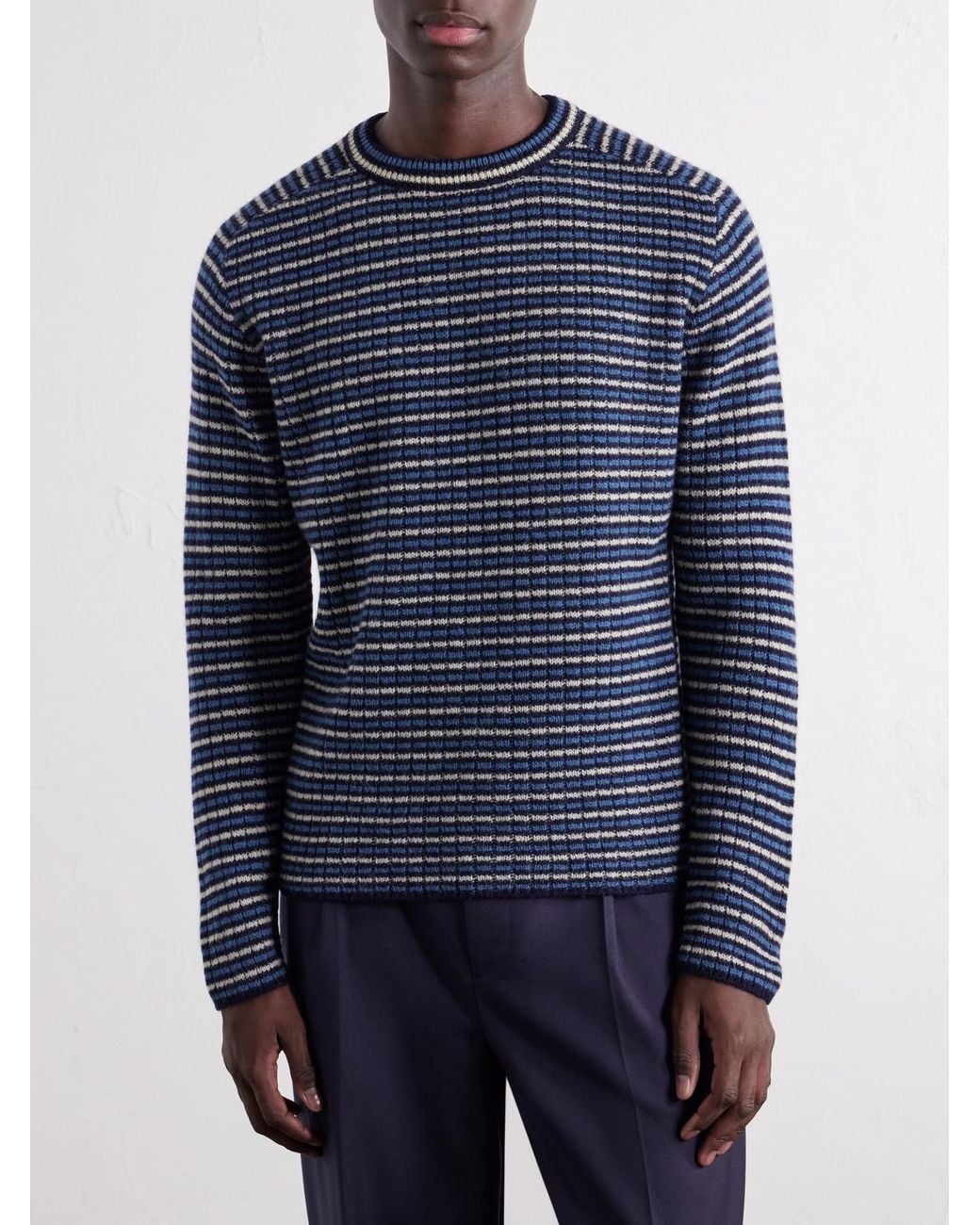Auralee Blue Striped Ribbed Wool And Cashmere-Blend Sweater for men