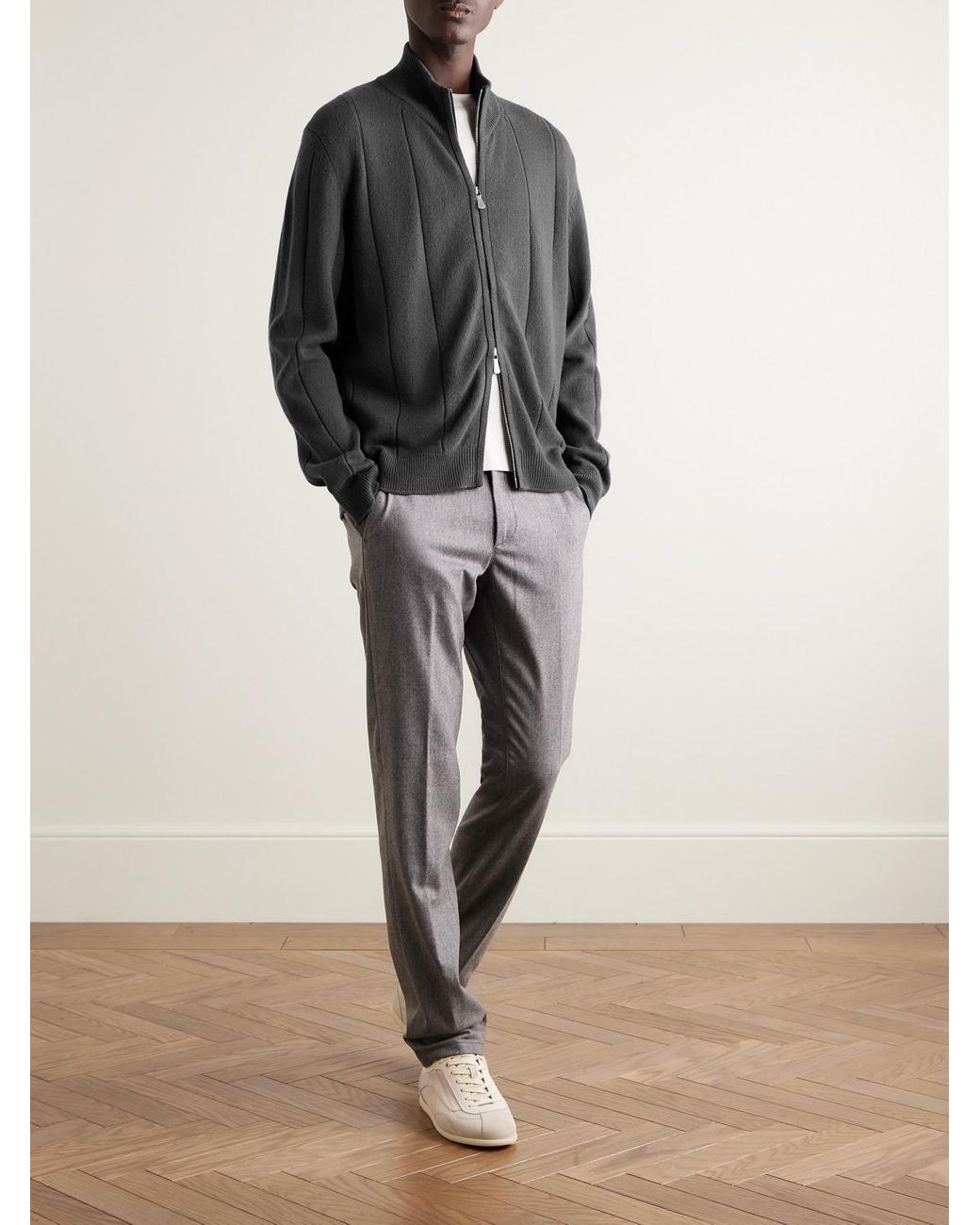 Eleventy Gray Ribbed Wool Zip-Up Cardigan for men