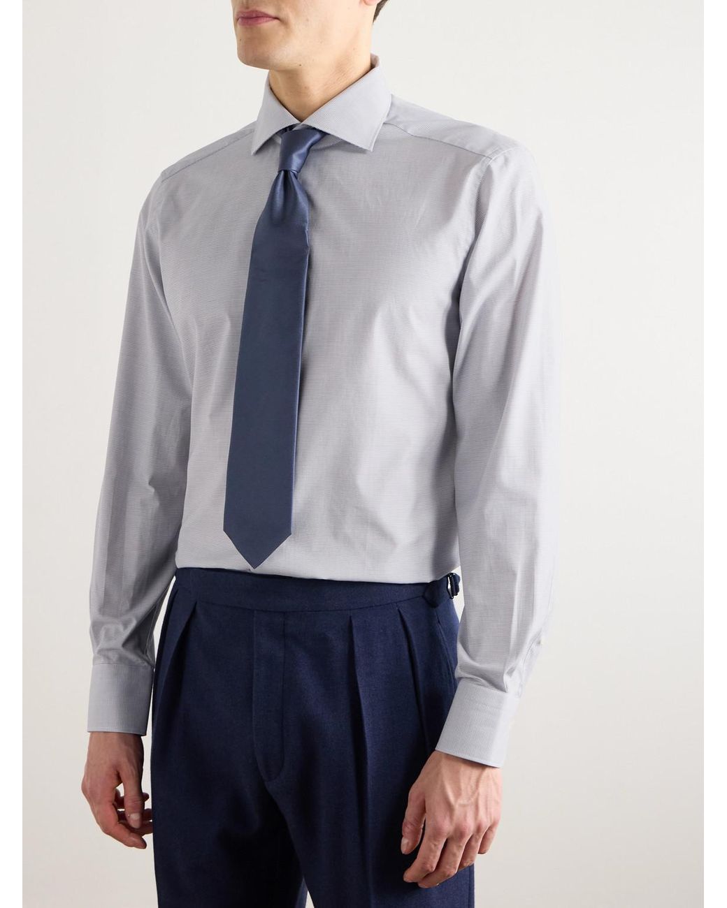 Zegna Gray Cutaway-Collar Checked Cotton Shirt for men
