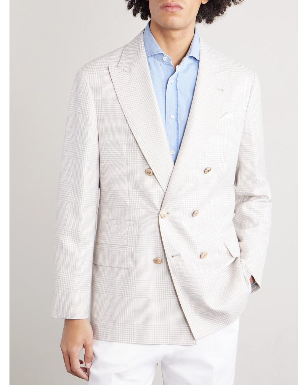 Brunello Cucinelli Natural Double-breasted Prince Of Wales Checked Wool-blend Blazer for men