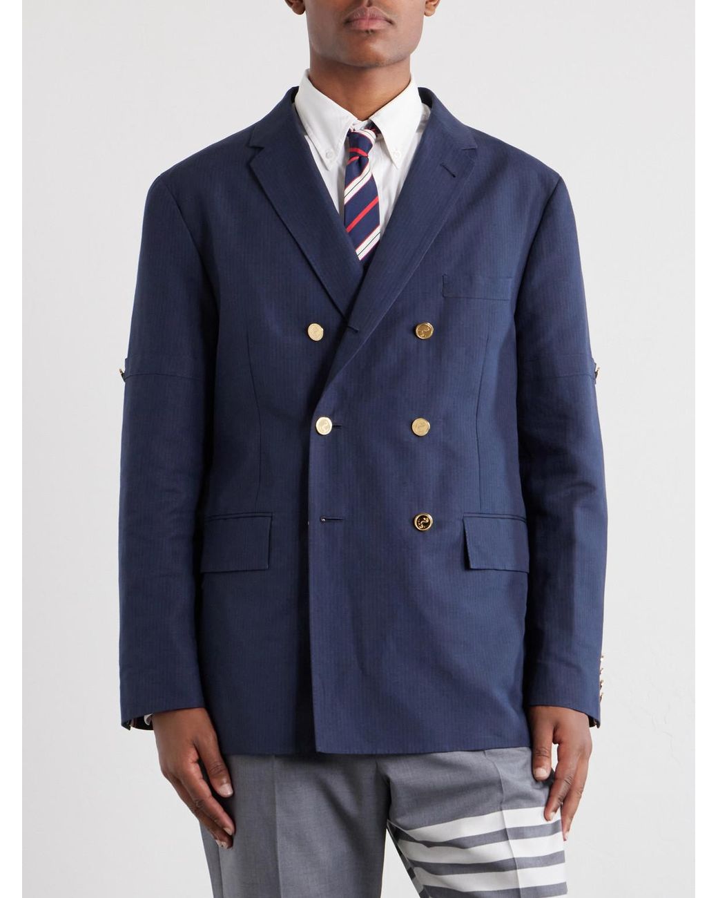Thom Browne Blue Double-breasted Striped Cotton And Linen-blend Blazer for men