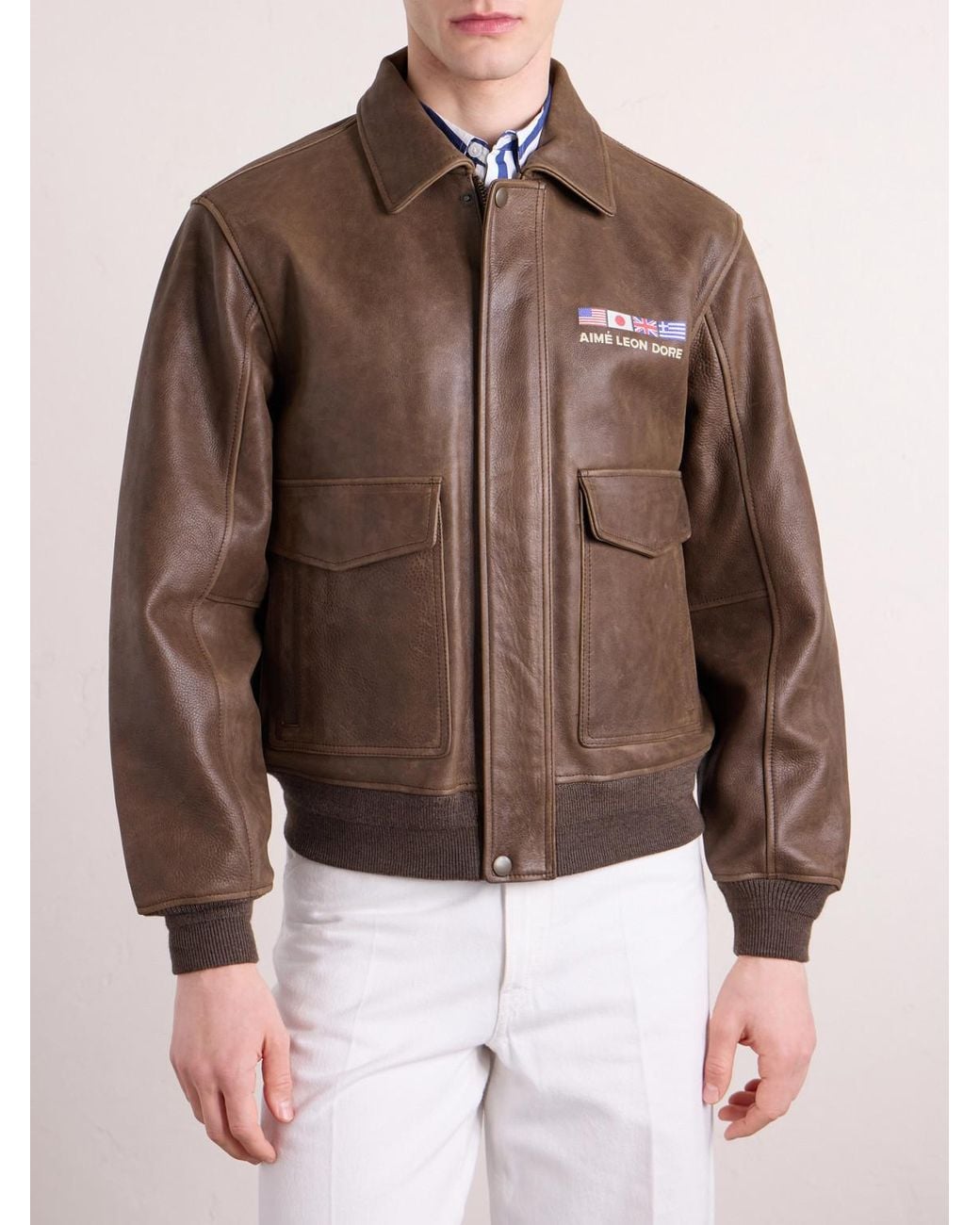 Aimé Leon Dore Brown World's Borough Logo-Print Leather Jacket for men