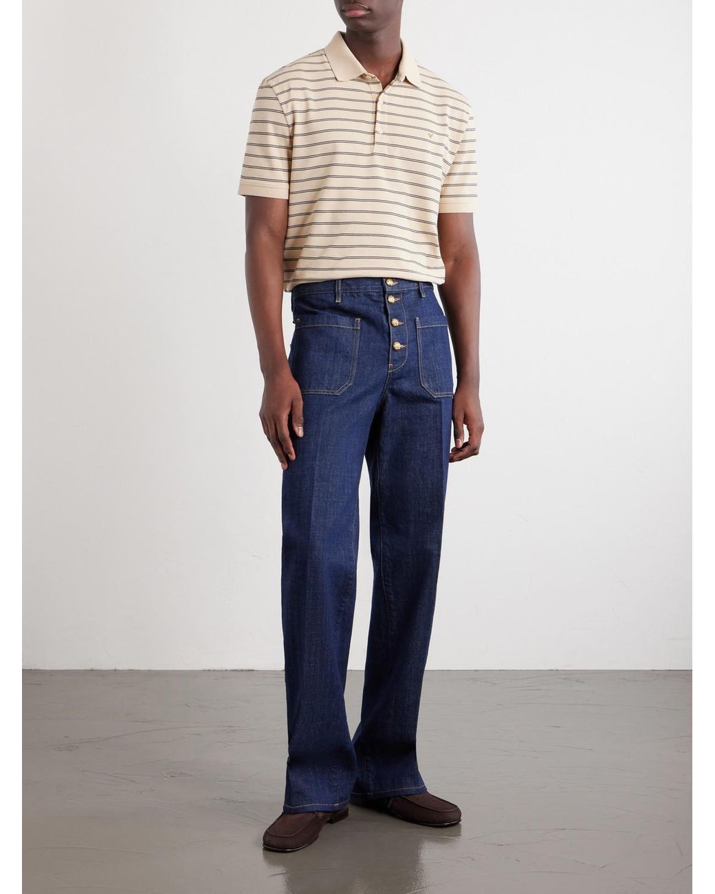 Valentino Garavani Natural Vlogo Striped Cotton-Piqué Polo Shirt for men