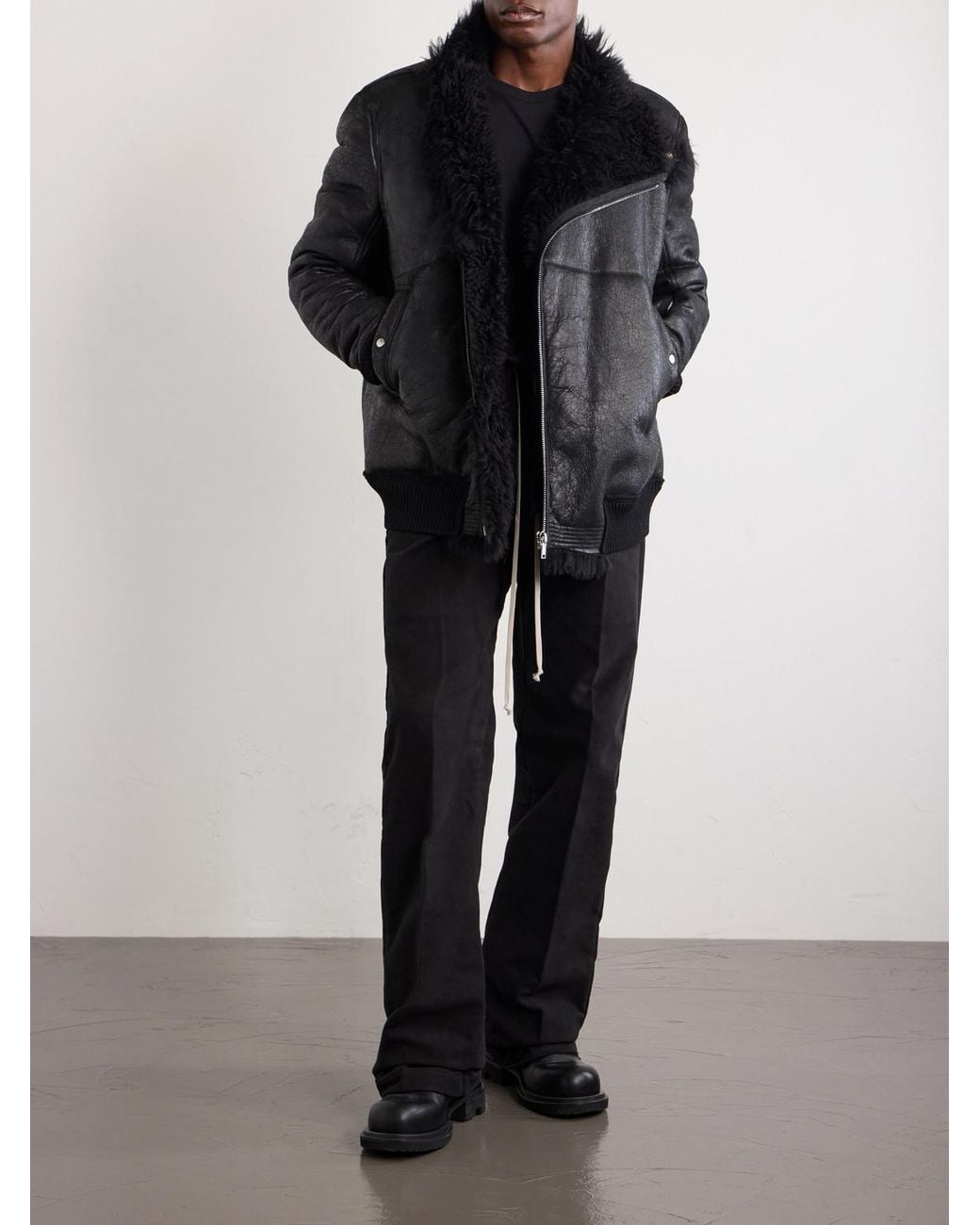 Rick Owens Black Hollywood Flight Shearling Jacket for men