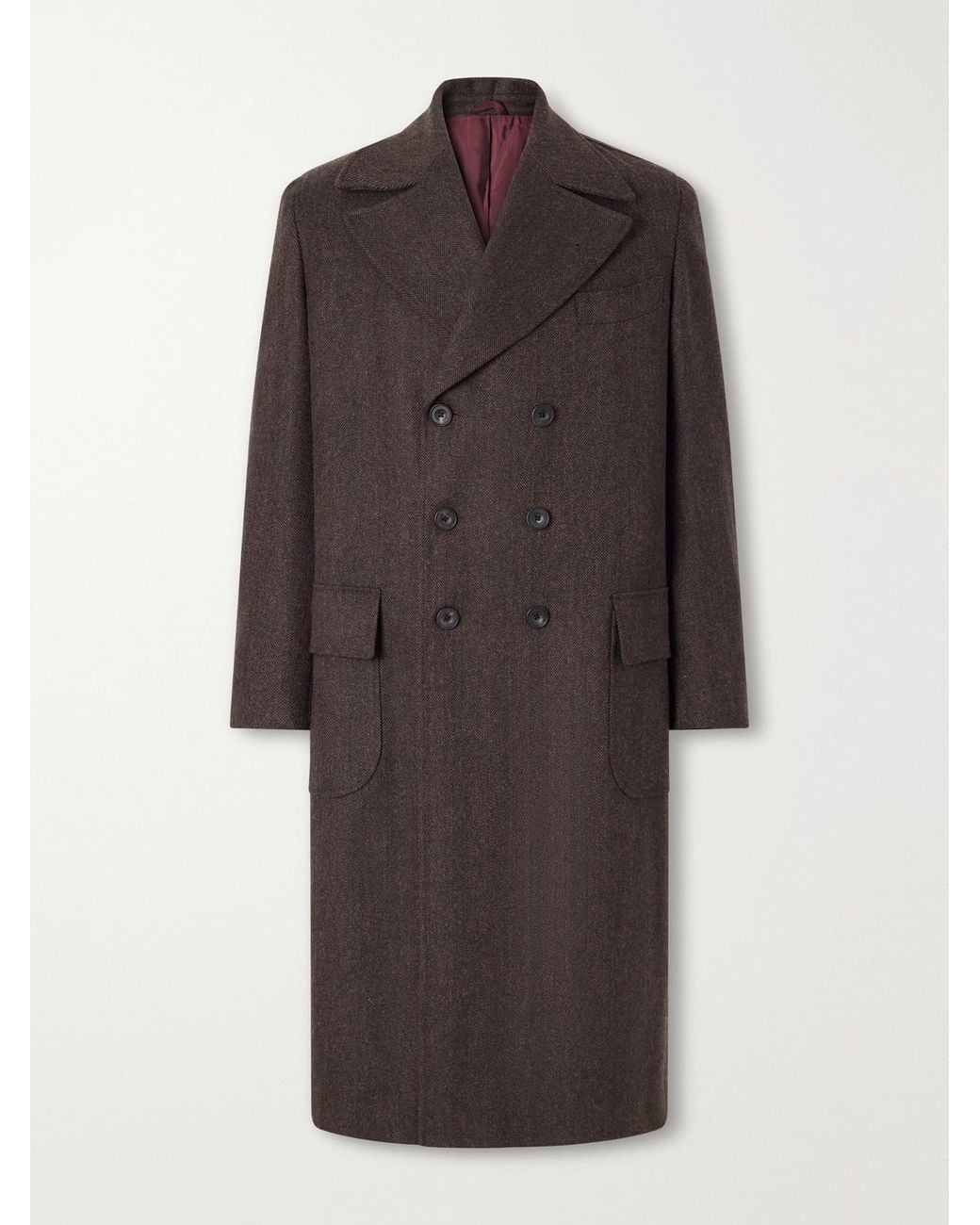 Rubinacci Brown Double-Breasted Herringbone Virgin Wool Twill Coat for men