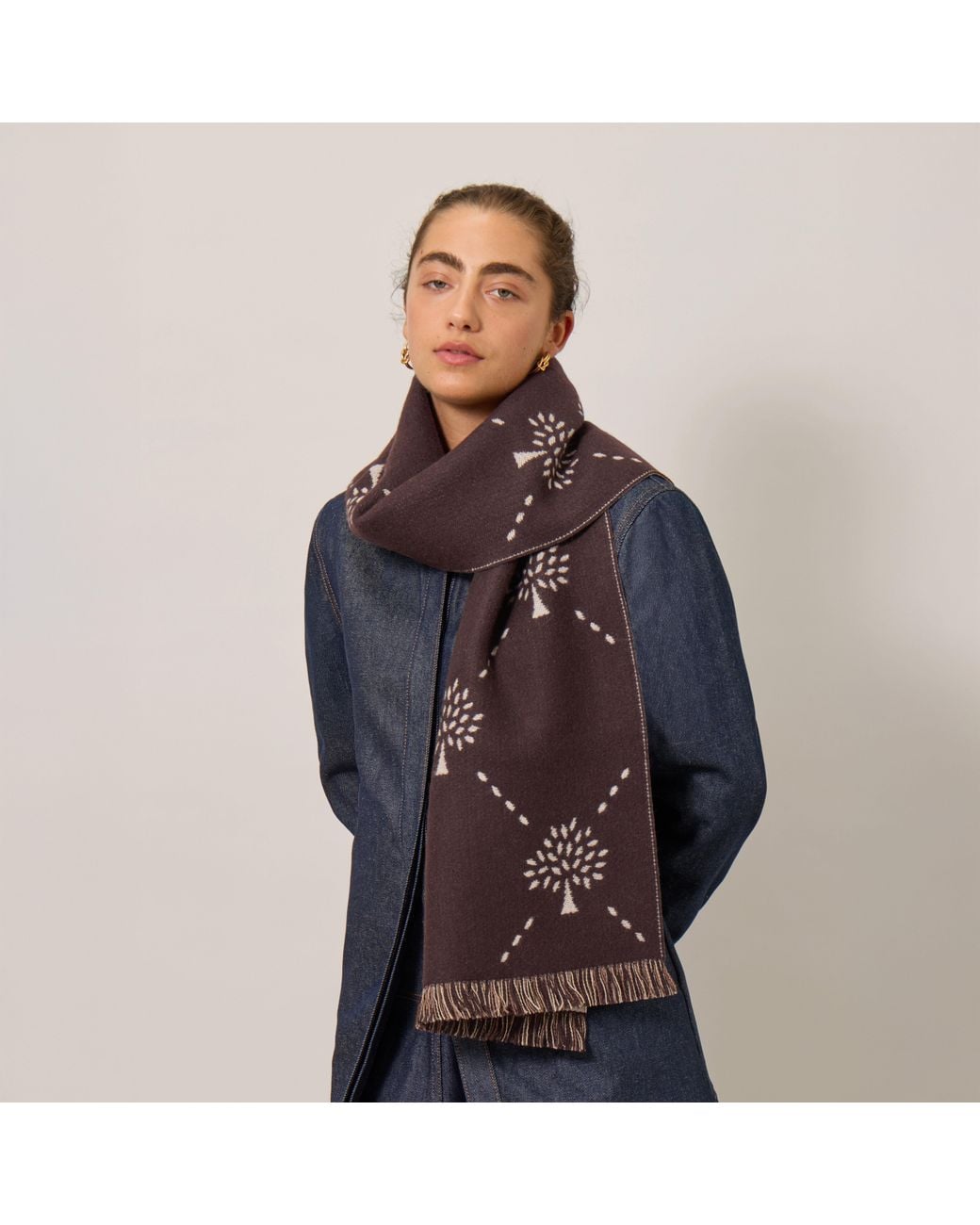 Mulberry Brown Diamond Tree Jacquard Scarf Ebony