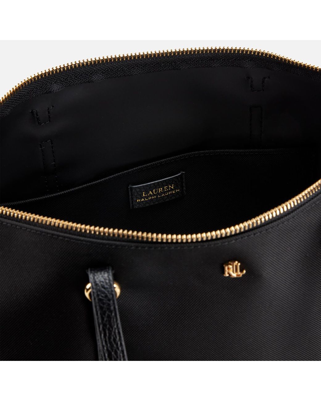 ralph lauren black nylon tote bag with gold initials