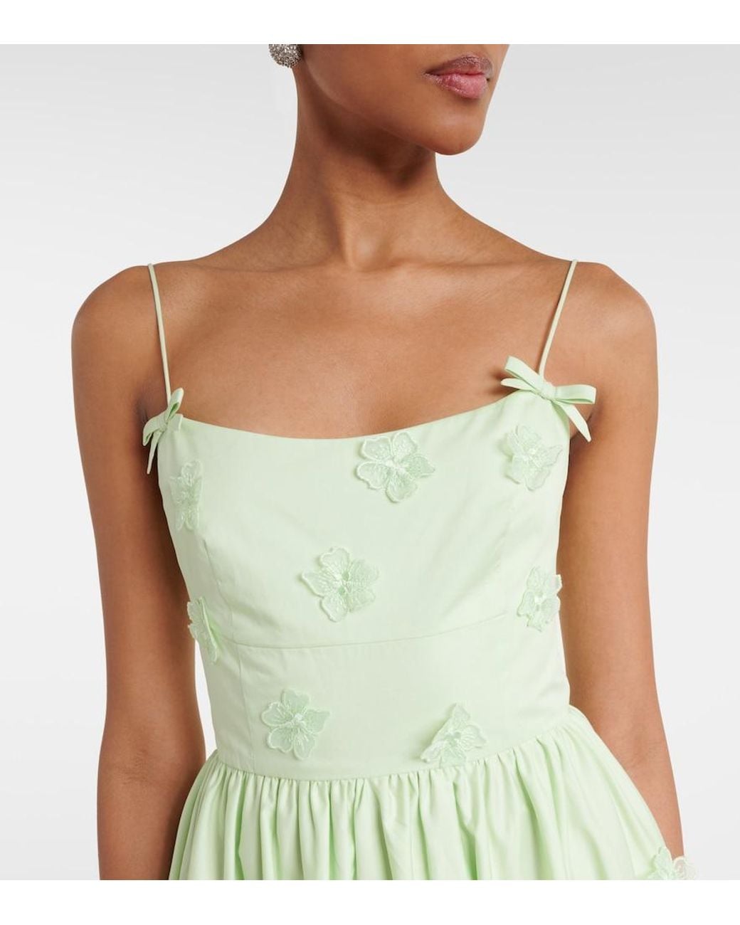 Self-Portrait Green Floral-Applique Cotton Poplin Midi Dress