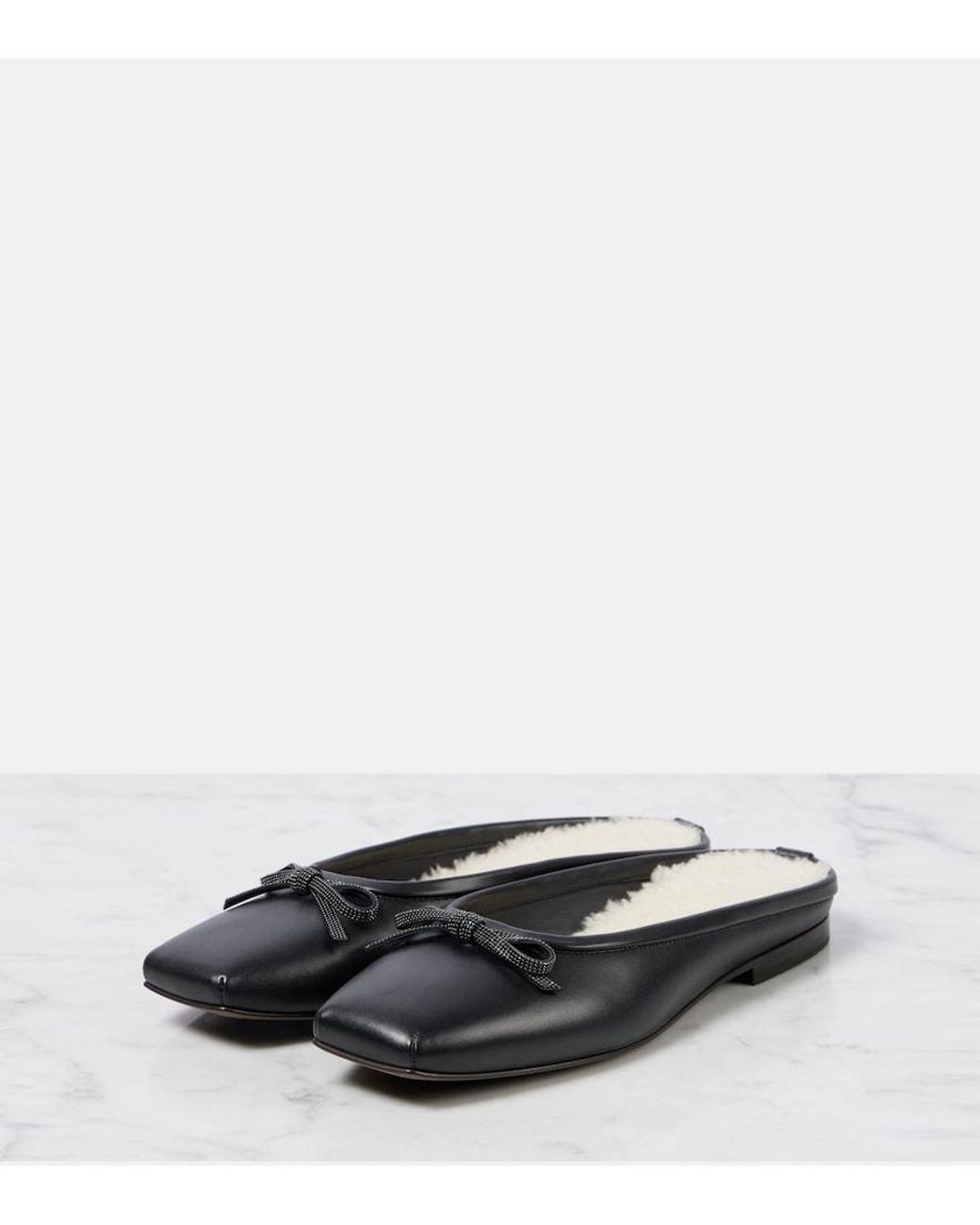 Brunello Cucinelli Black Monili Shearling-Lined Leather Mules