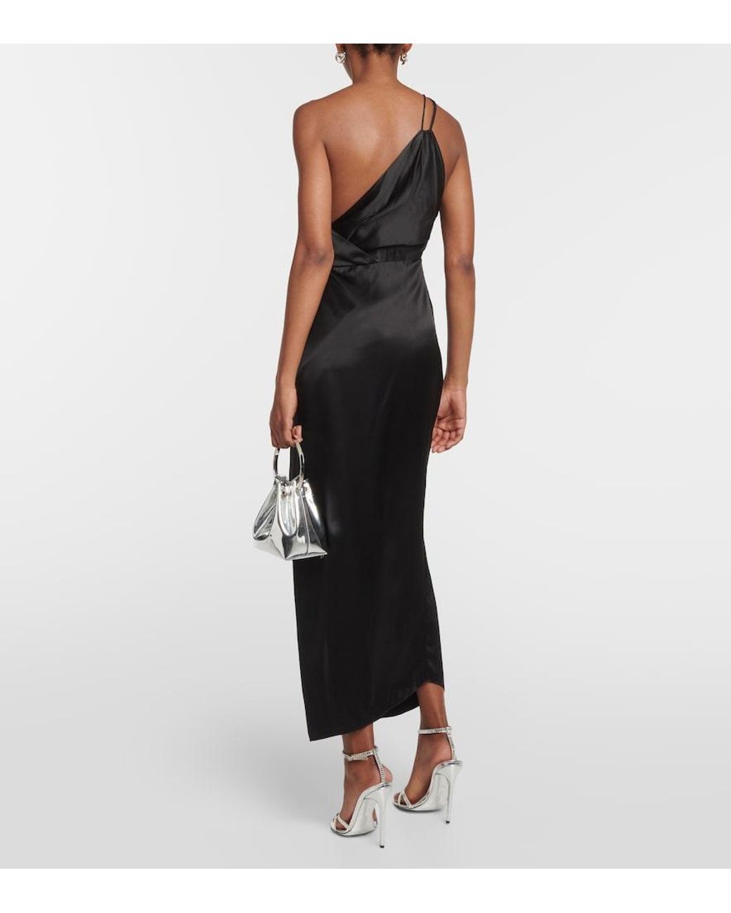 The Sei Black One-Shoulder Silk Midi Dress