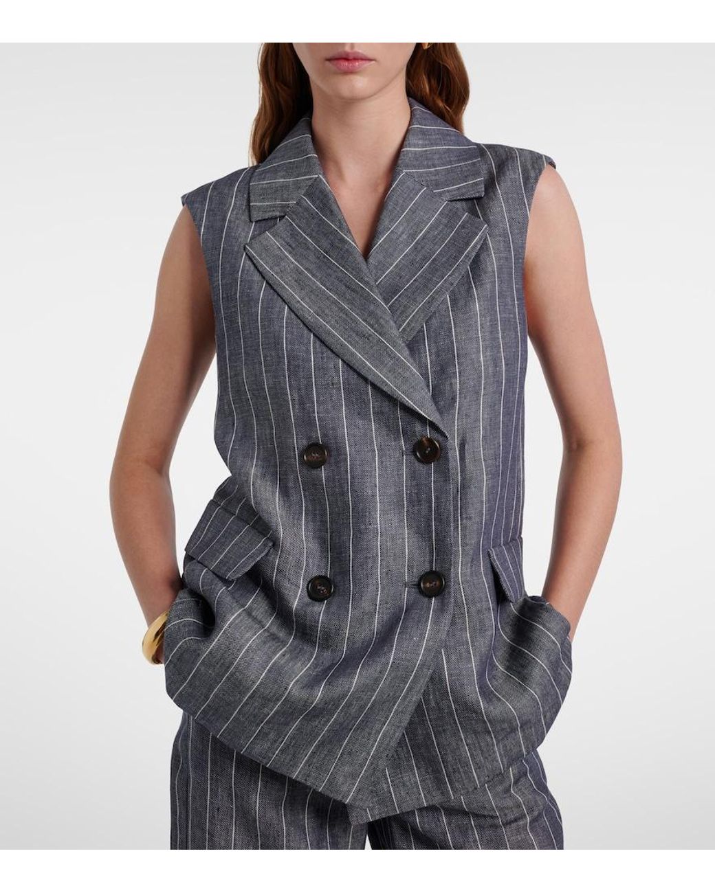 Max Mara Blue Ballo Pinstripe Double-Breasted Linen Vest
