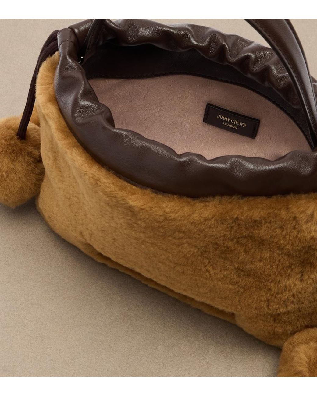 Jimmy Choo Brown Drawstring Mini Shearling Top-Handle Bag