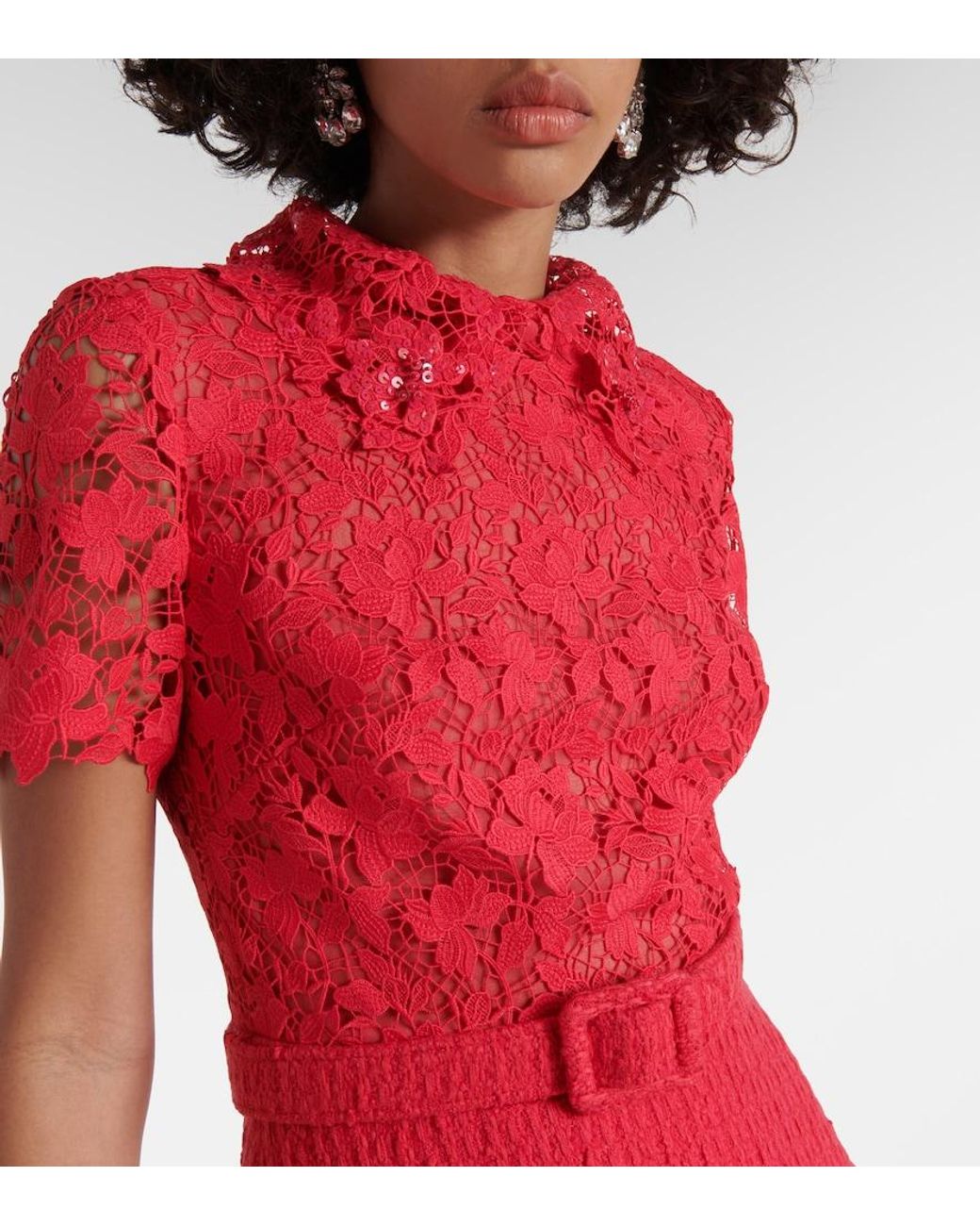 Oscar de la Renta Red Gardenia Guipure And Tweed Midi Dress