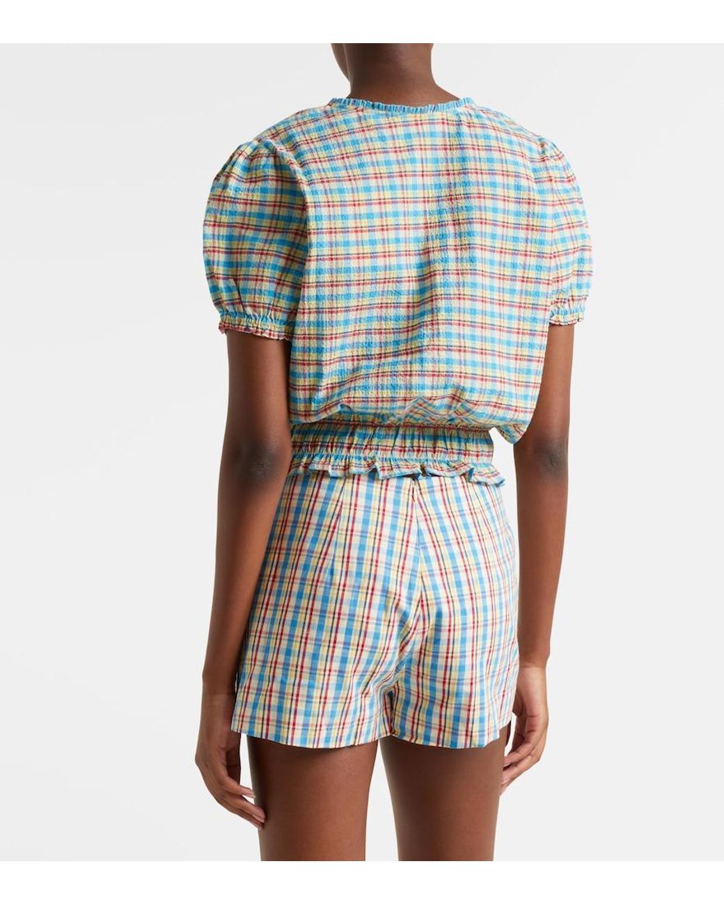 Faithfull The Brand Blue Santana Checked Cotton-Blend Top
