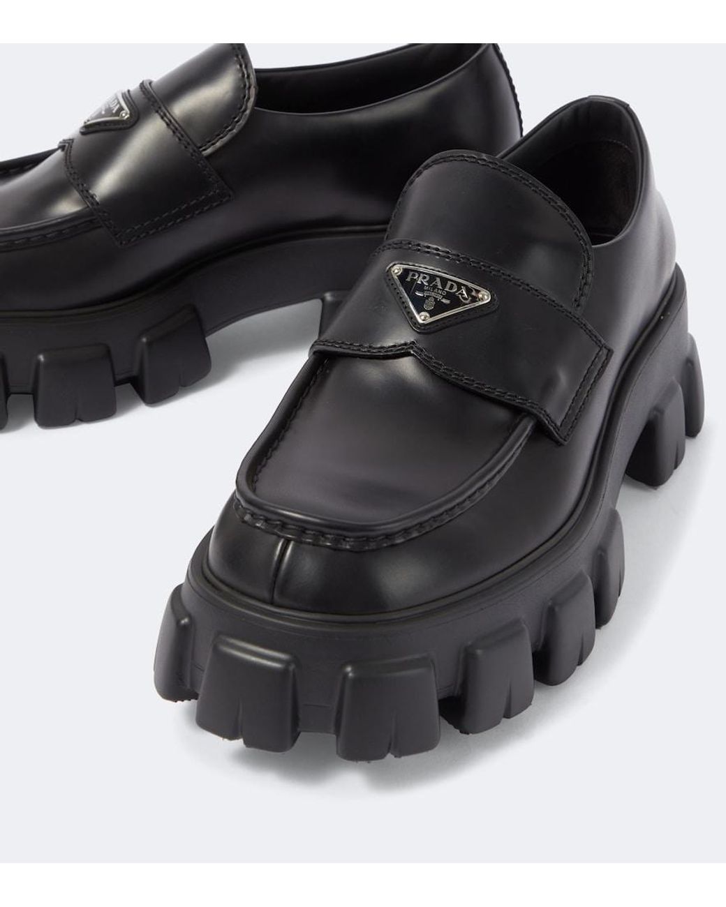 Prada Black Logo Leather Platform Loafers for men