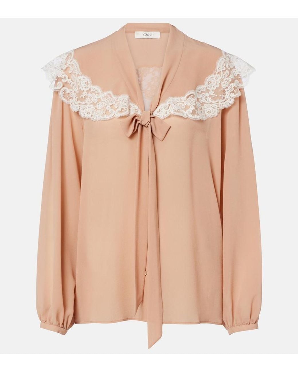 Chloé Natural Lace-Trimmed Silk Georgette Blouse