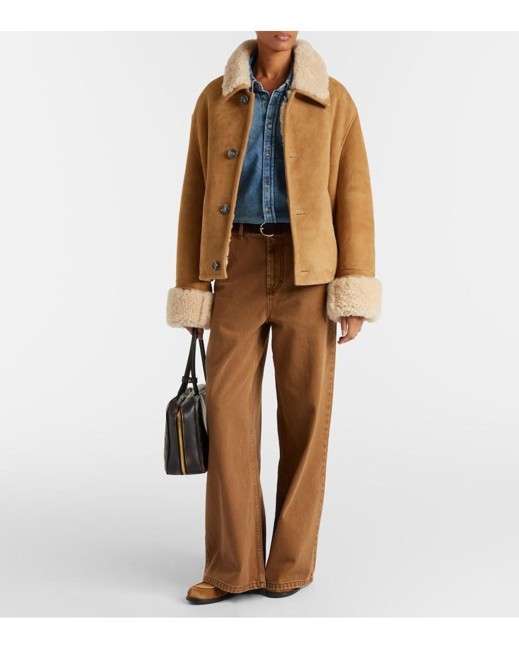 AMI Brown Shearling-Trimmed Suede Jacket