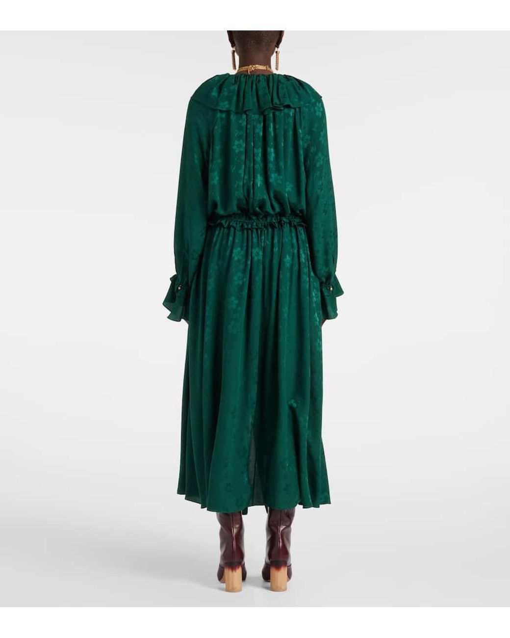 Chloé Green Ruffled Floral Silk Jacquard Midi Dress