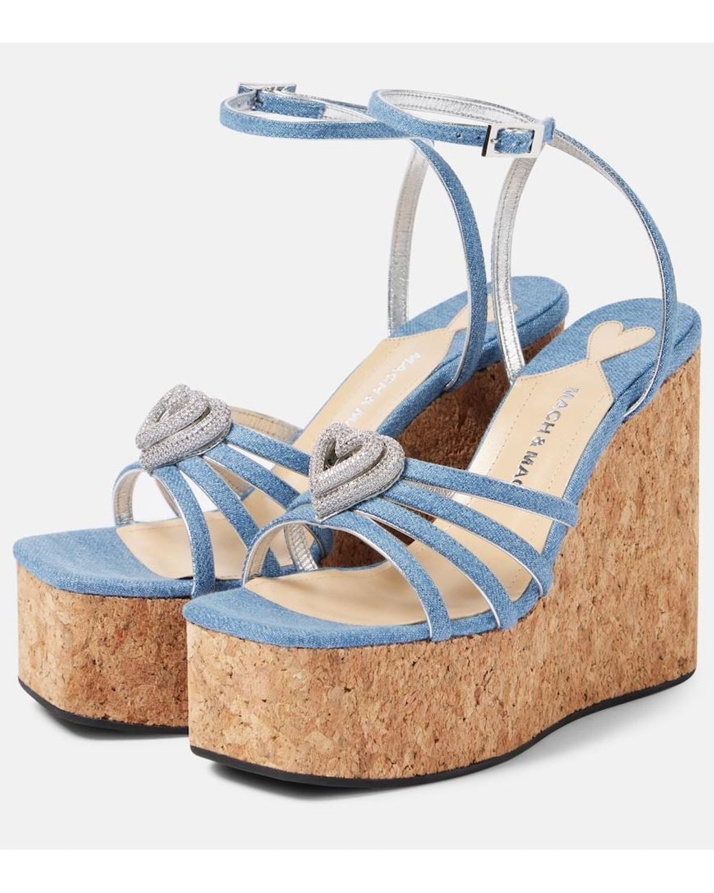 Mach & Mach Blue Double Heart Denim Wedges
