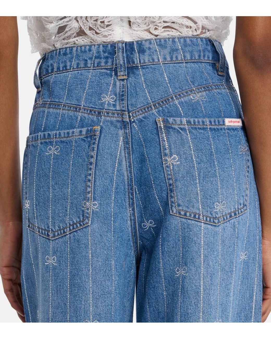 Self-Portrait Blue Striped Wide-Leg Jeans
