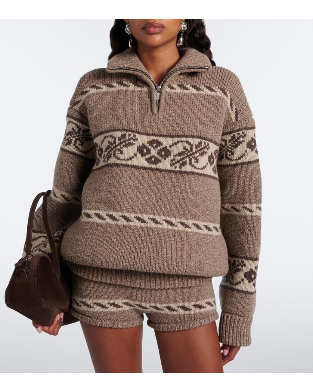 Magda Butrym Brown Jacquard Wool Half-Zip Sweater