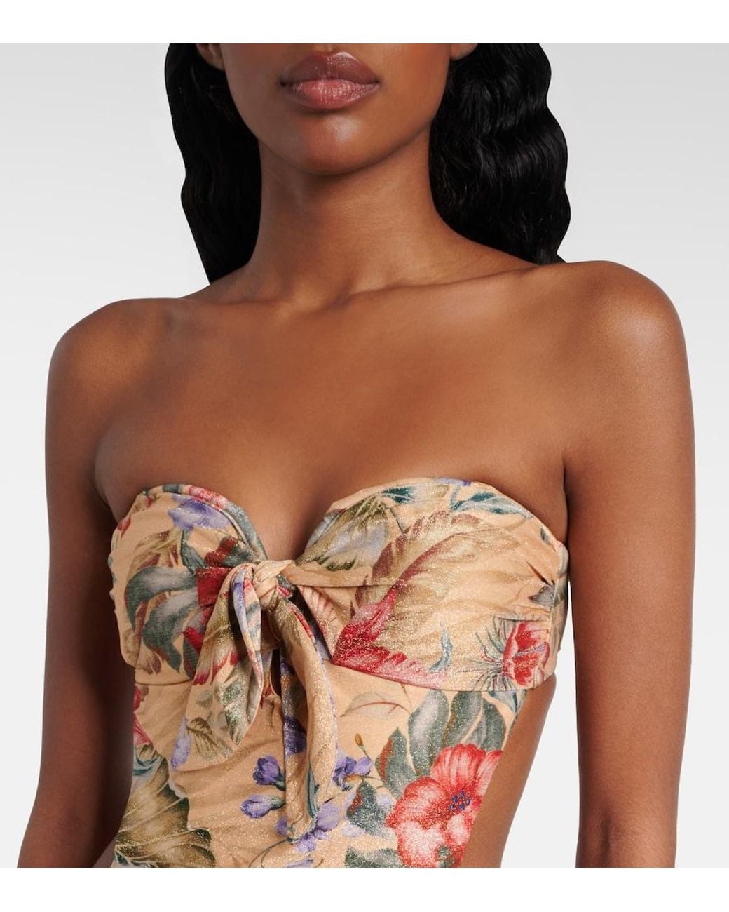 Zimmermann Brown Coco Bow-Detail Floral Swimsuit