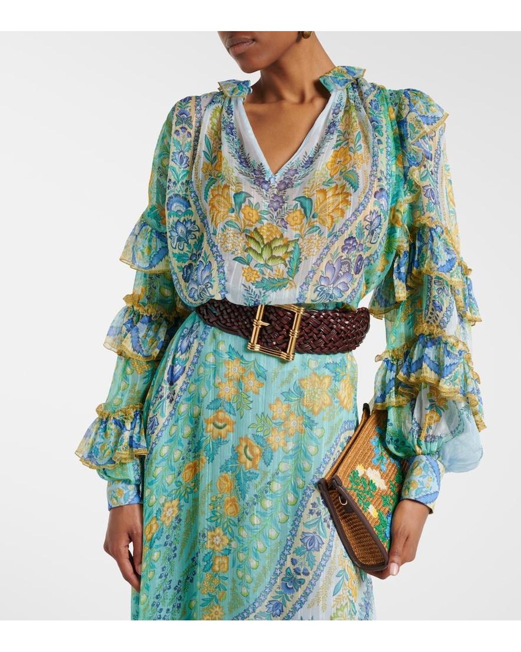Etro Green Floral Ruffled Silk Blouse