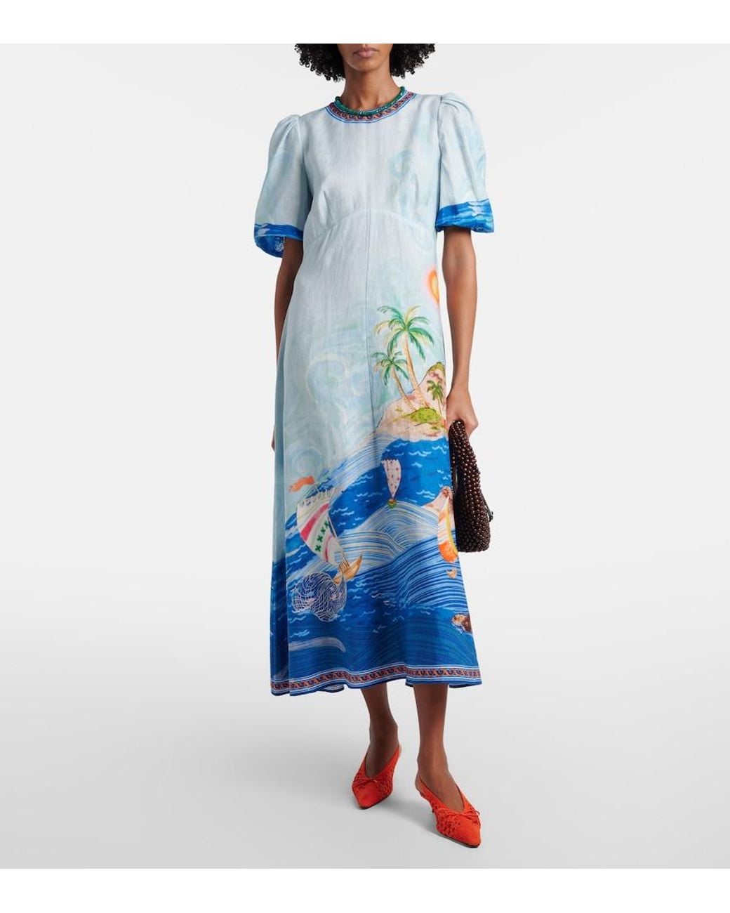 ALÉMAIS Blue Printed Linen Midi Dress