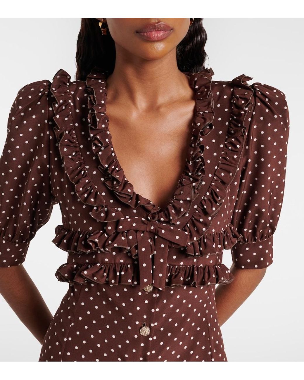 Alessandra Rich Brown Polka-Dot Ruffled Silk Minidress