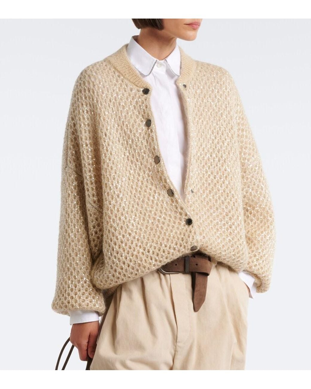 Brunello Cucinelli Natural Open-Knit Mohair-Blend Cardigan