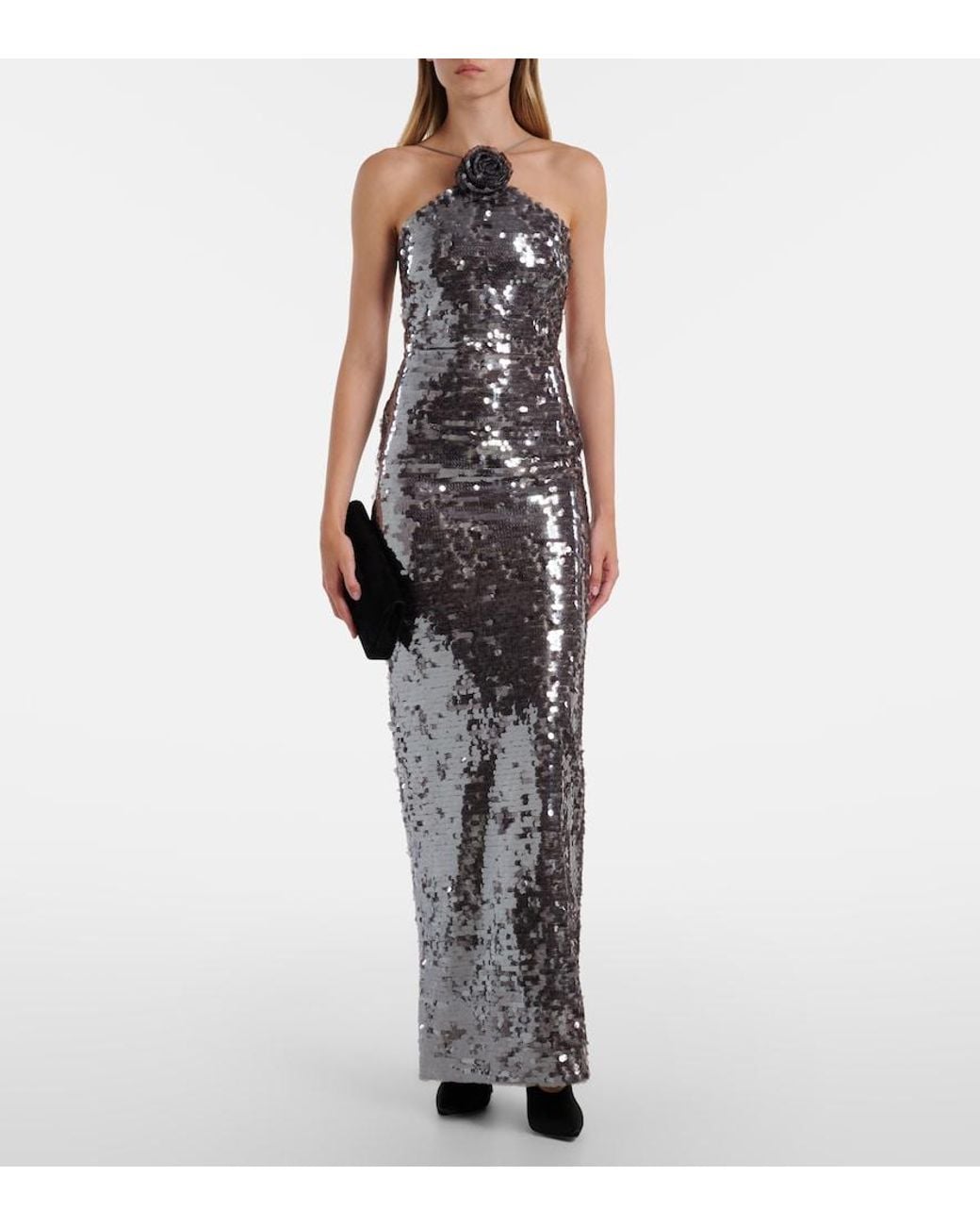 Magda Butrym White Floral-Applique Sequined Gown
