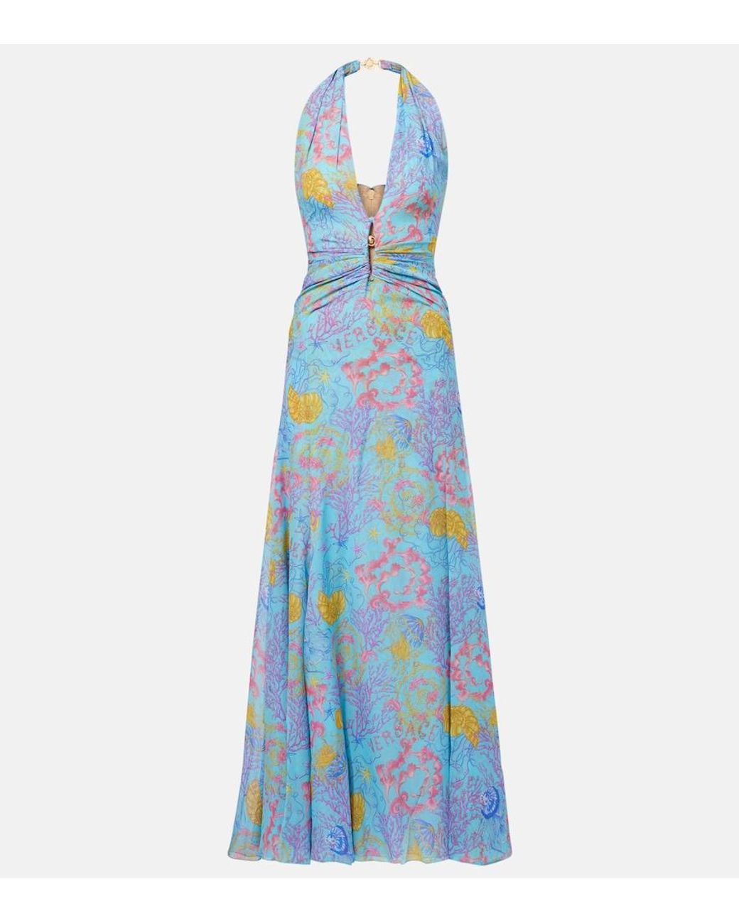 Versace Blue Printed Halterneck Gown