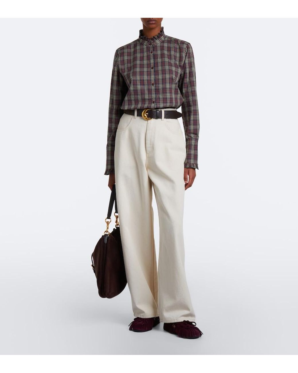 Nili Lotan Brown Elio Ruffled Checked Cotton Shirt