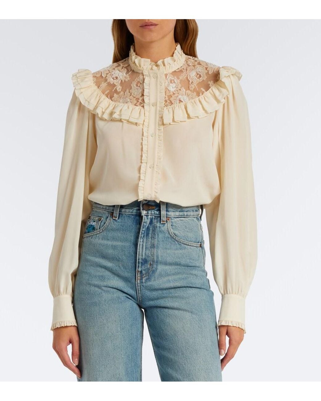 Chloé White Lace-Trimmed Silk Crepe De Chine Blouse
