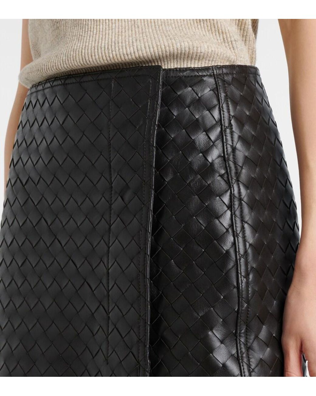 Bottega Veneta Black Intrecciato Leather Midi Skirt