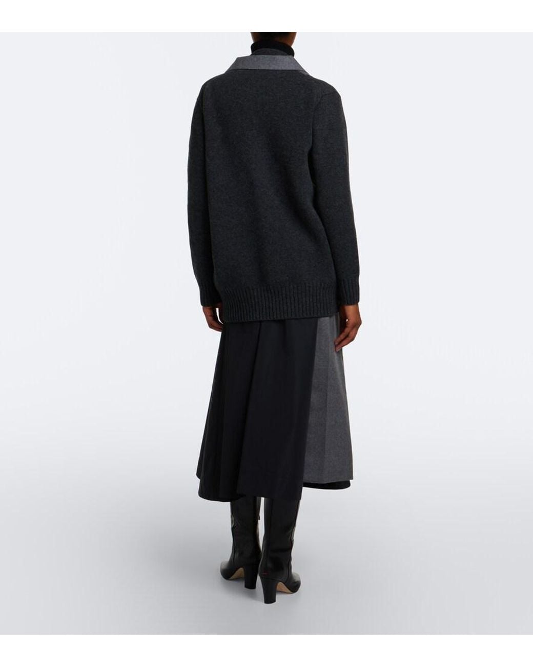 Sacai Black Paneled Taffeta And Wool Flannel Midi Skirt