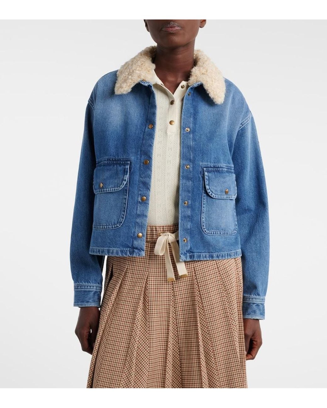 Moncler Blue Teddy-Trimmed Denim Shirt