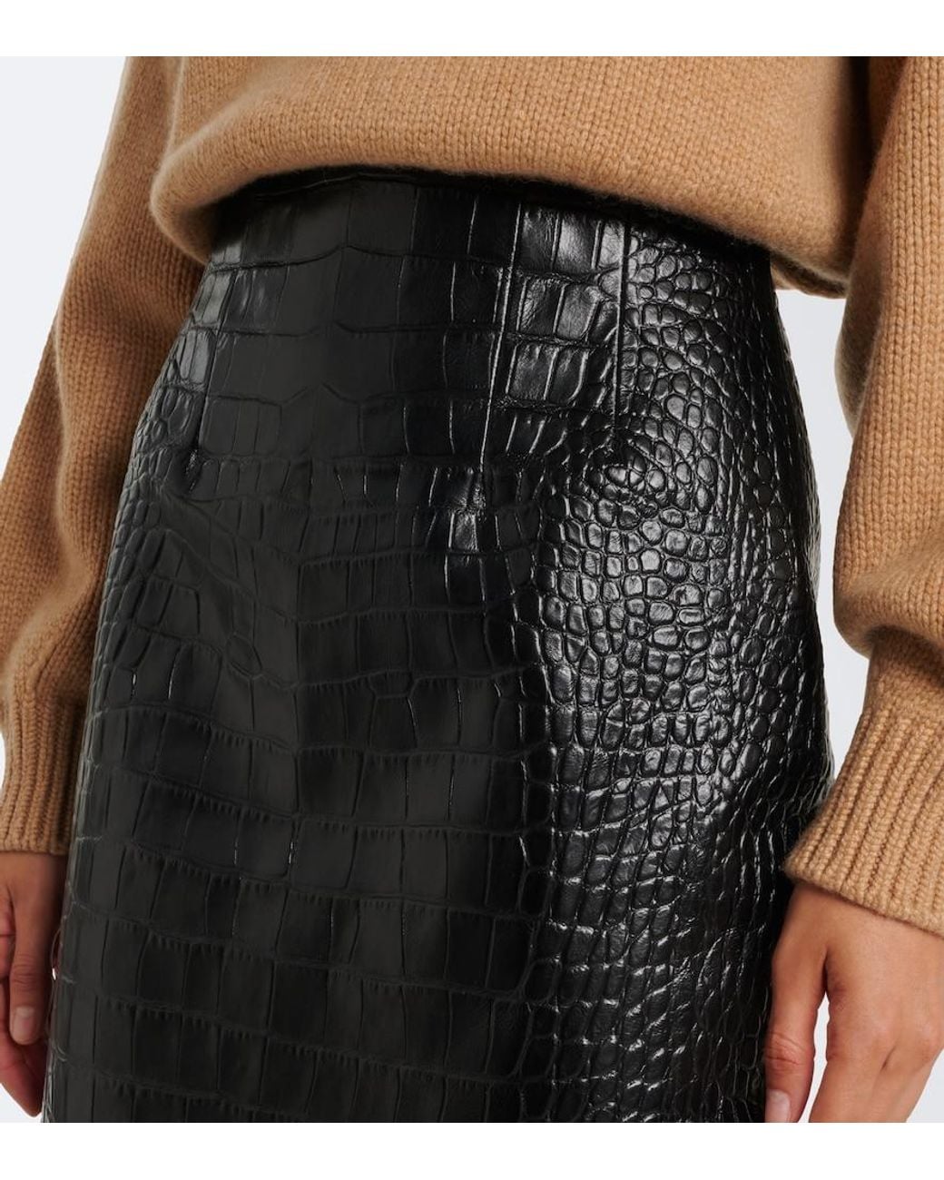 Khaite Black Loxley Croc-Effect Leather Midi Skirt