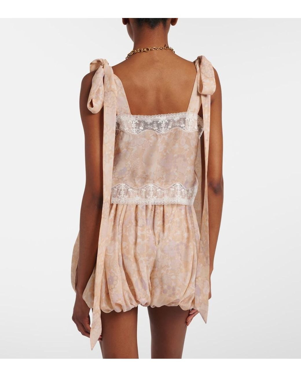 Chloé White Cropped Bow-Detailed Lace-Trimmed Floral-Print Silk-Charmeuse Top
