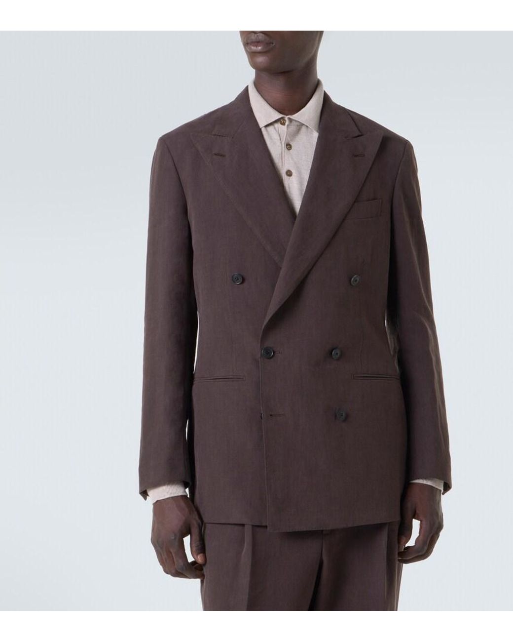 Saman Amel Brown Double-Breasted Linen Canvas Blazer for men