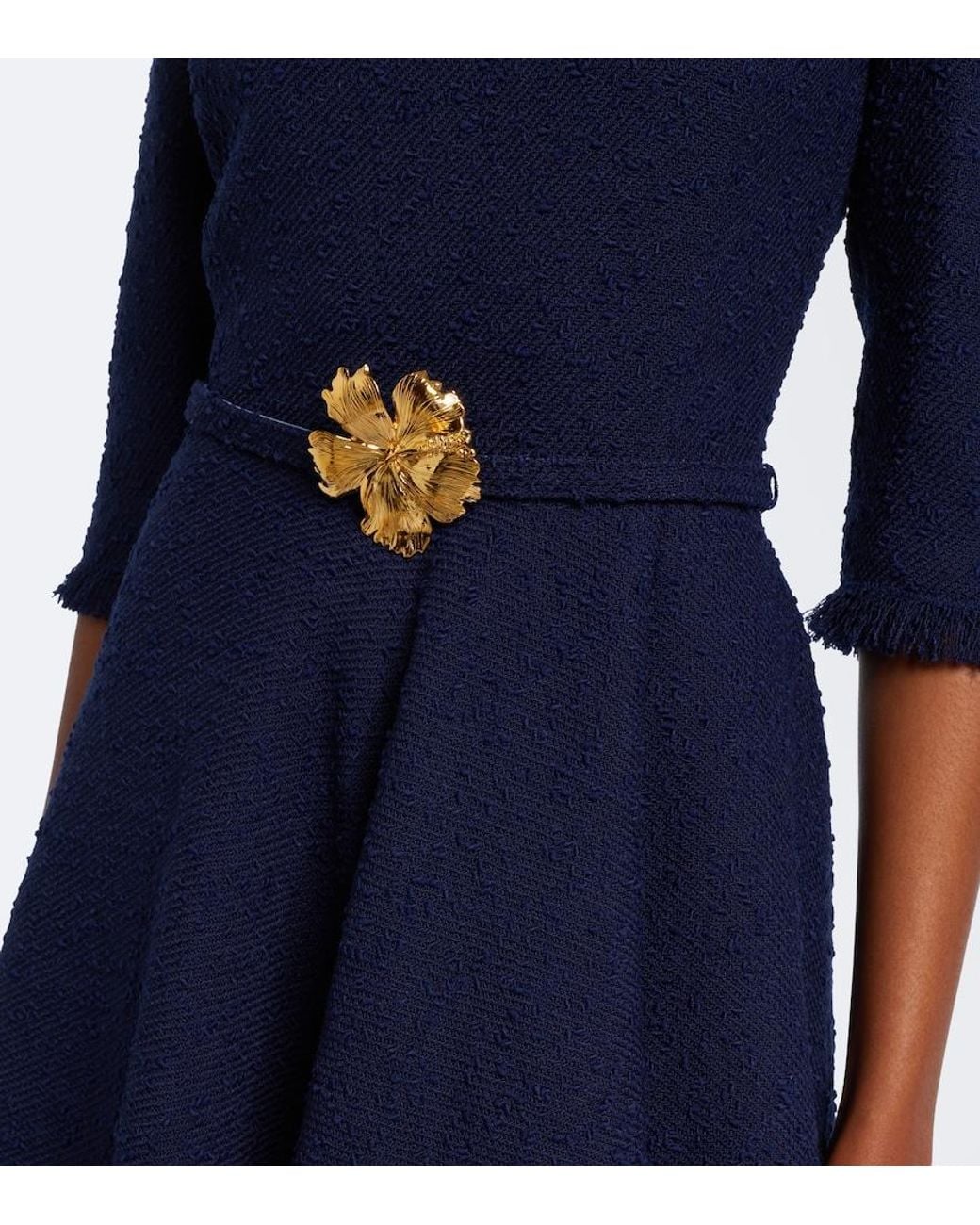 Oscar de la Renta Blue Embellished Tweed Midi Dress