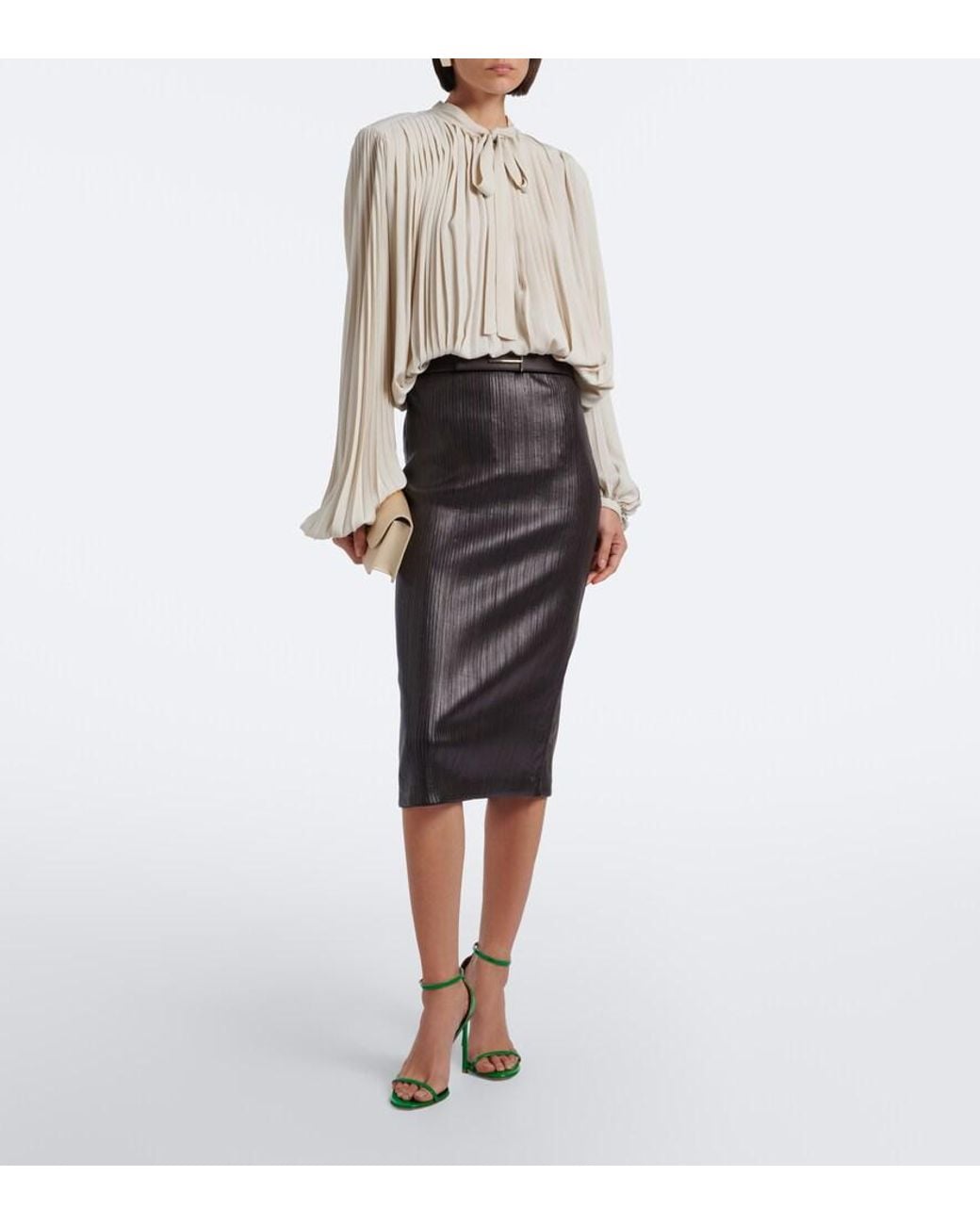 Tom Ford Natural Plisse Tie-Neck Crepe De Chine Blouse