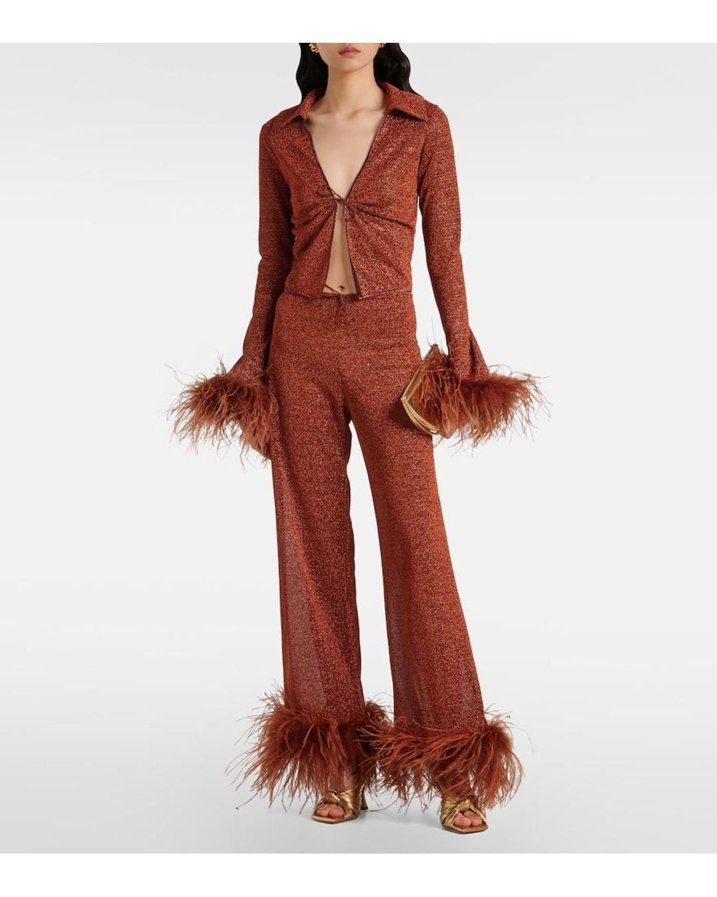 Oseree Brown Lumiere Plumage Feather-Trimmed Blouse