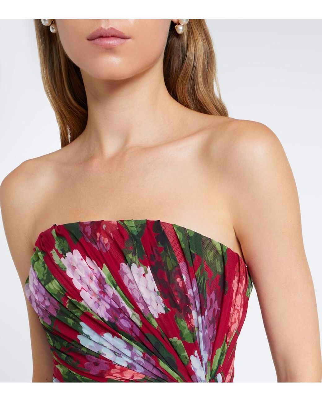 Carolina Herrera Red Floral Silk Chiffon Bustier Dress