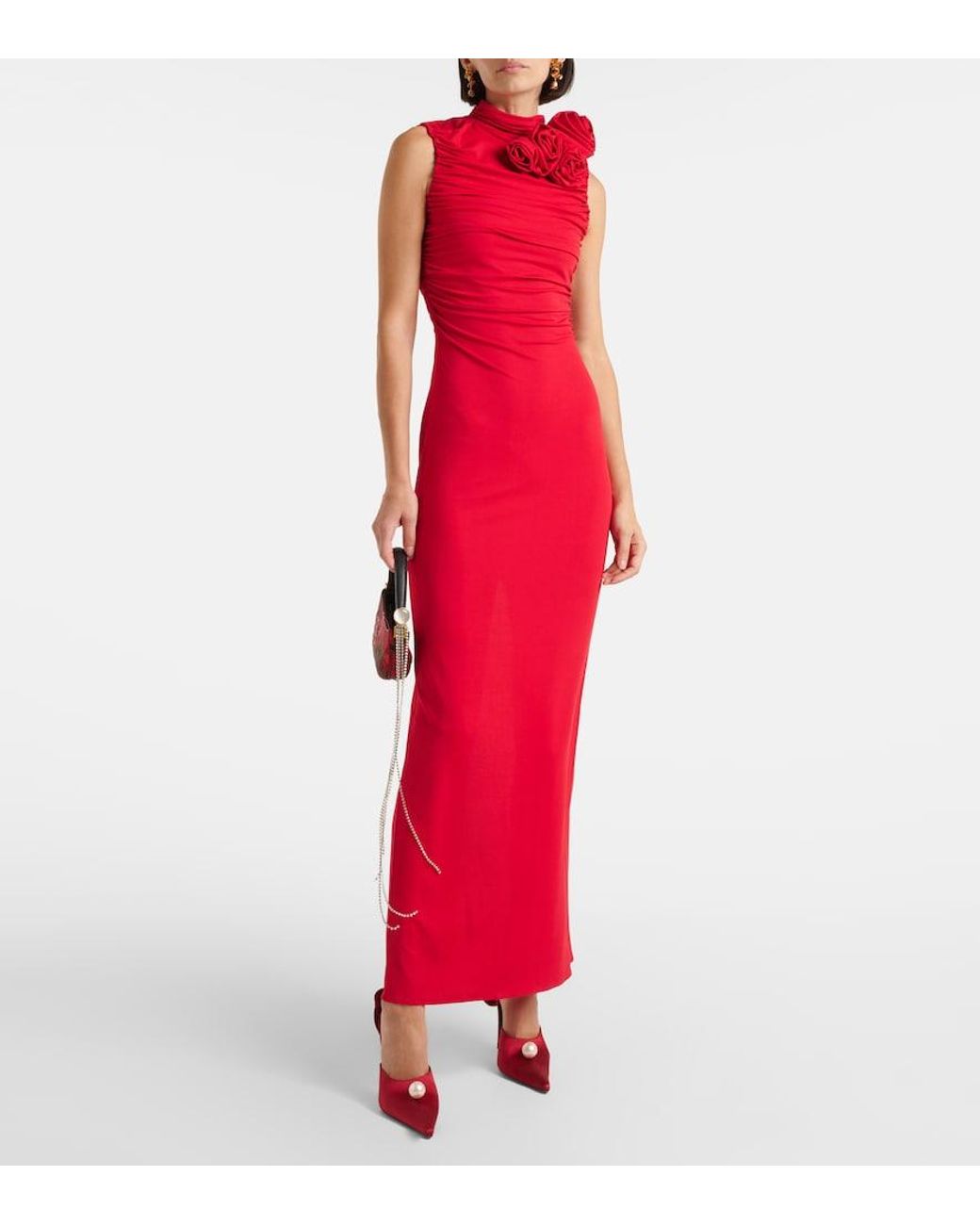 Magda Butrym Red Floral-Applique Ruched Jersey Gown